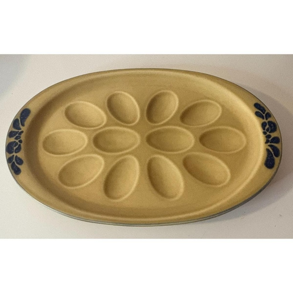 Vintage Pfaltzgraff Folk Art Deviled Egg Plate 12 Slot Brown Blue Stoneware #780